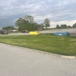 Gregory - Jodła - Równy trawnik na posesji z pojazdami i kontenerami na tle pochmurnego nieba. Widok z poziomu chodnika z kostki brukowej.