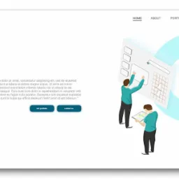 Ilustracja przedstawiająca dwóch grafików pracujących nad projektem strony internetowej, z widocznym interfejsem użytkownika i elementami graficznymi.