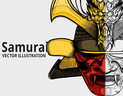 Grafika wektorowa przedstawiająca hełm samurajski w dwóch stylach: kolorowy z lewej strony i czarno-biały szkic z prawej. Napis 'Samurai VECTOR ILLUSTRATION' w lewym dolnym rogu.