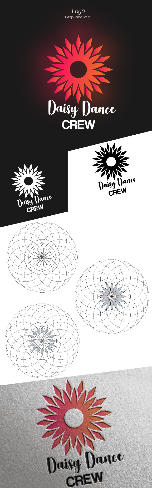 Wizualizacja logo Daisy Dance Crew w różnych wariantach: kolorowym, czarno-białym, jako geometryczny schemat oraz wytłoczenie na srebrnym papierze.