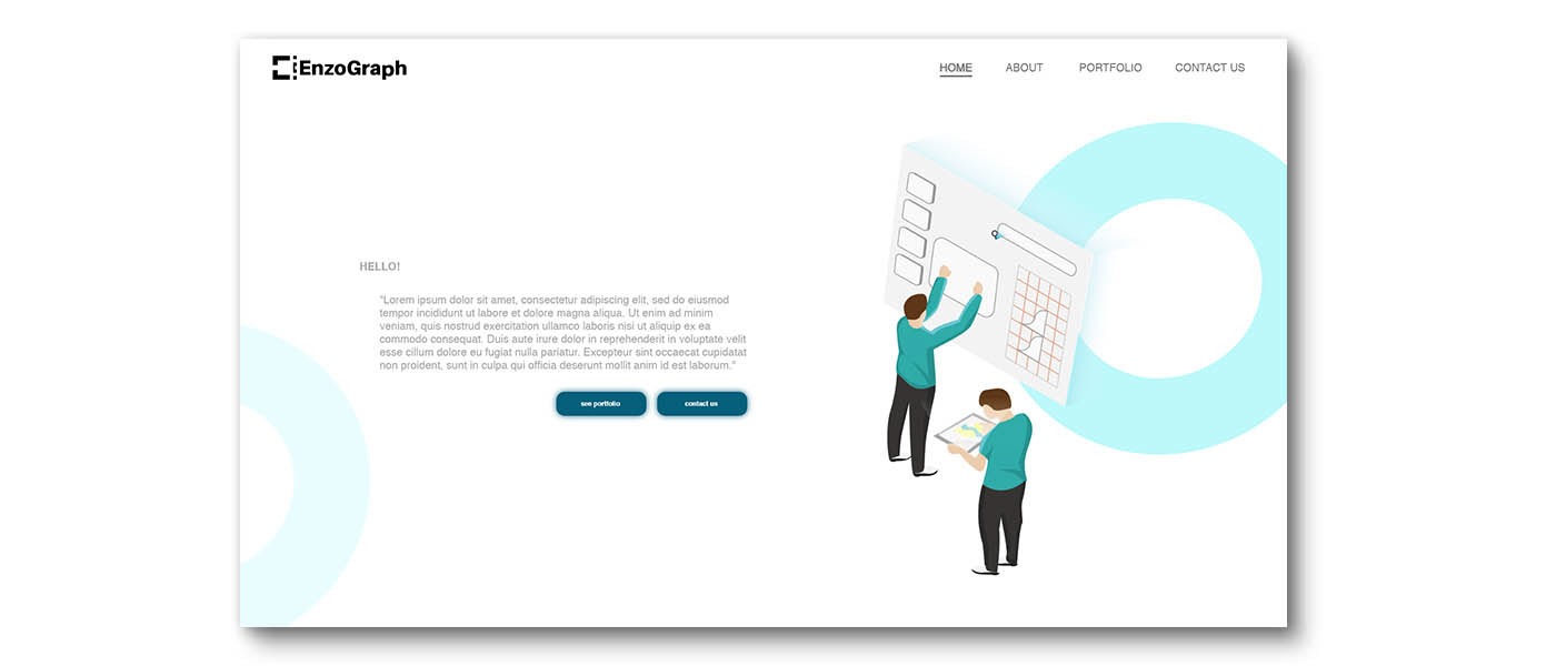 Ilustracja przedstawiająca dwóch grafików pracujących nad projektem strony internetowej, z widocznym interfejsem użytkownika i elementami graficznymi.