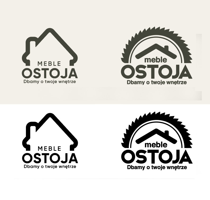 Dwa warianty logo firmy meblowej 'Ostoja' z Warszawy: jeden z uproszczonym symbolem domu, drugi z piłą tarczową w tle. Oba warianty w kolorze szarym i czarnym, z hasłem 'Dbamy o twoje wnętrze'.