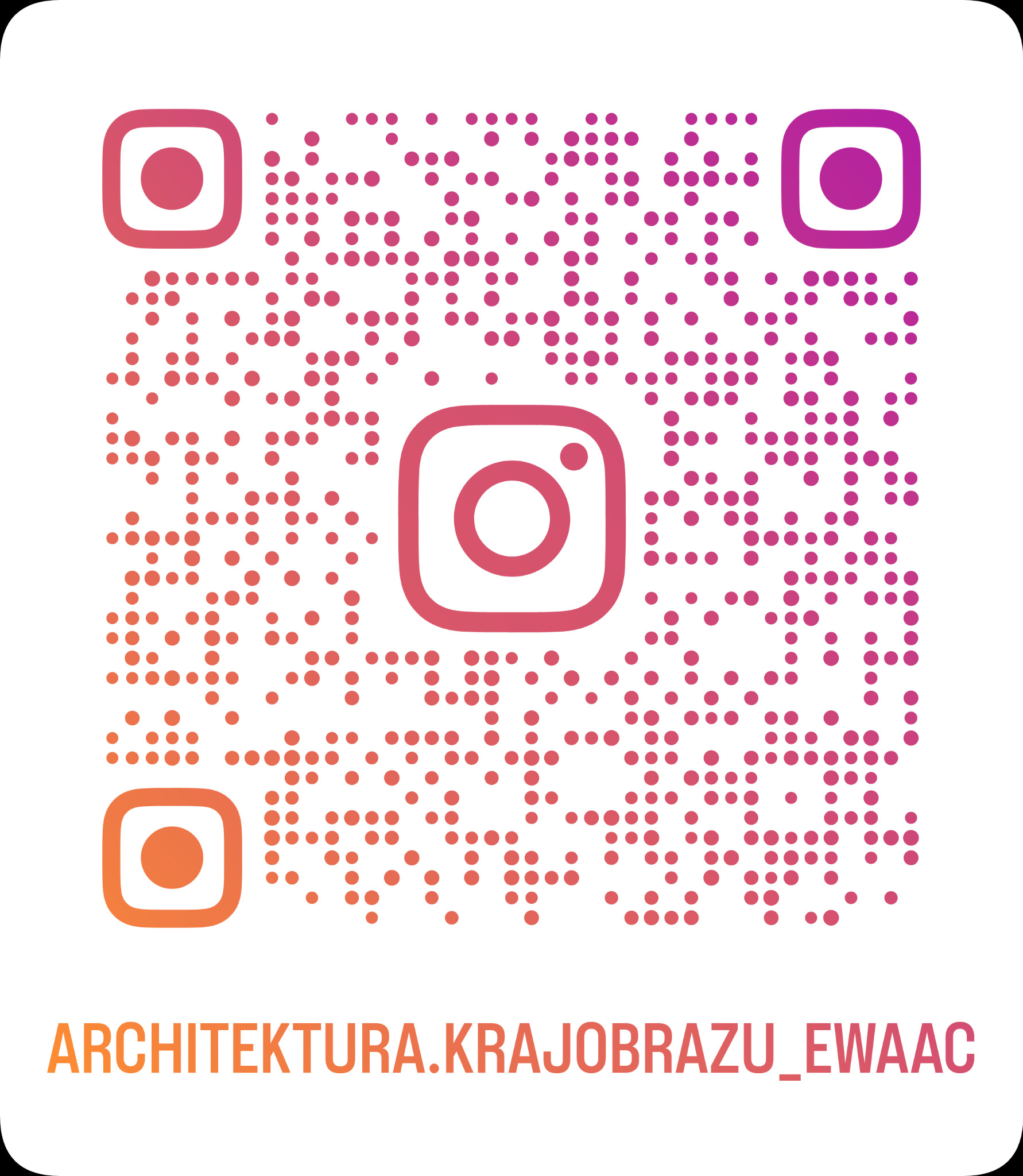 Gradientowy QR kod z logo Instagrama i nazwą użytkownika ARCHITEKTURA.KRAJOBRAZU_EWAAC.