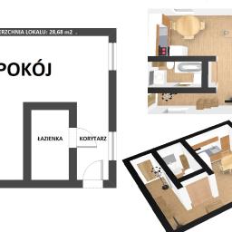 SILFOX nieruchomości Sebastian Lis - Rzut mieszkania o powierzchni 28,68 m2, przedstawiony w trzech różnych ujęciach: plan 2D z podziałem na pokój, aneks kuchenny, łazienkę i korytarz, widok z góry z umeblowaniem oraz perspektywa 3D...