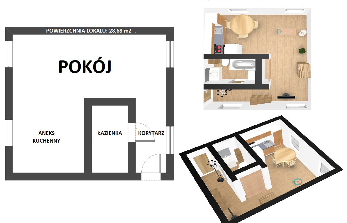 Rzut mieszkania o powierzchni 28,68 m2, przedstawiony w trzech różnych ujęciach: plan 2D z podziałem na pokój, aneks kuchenny, łazienkę i korytarz, widok z góry z umeblowaniem oraz perspektywa 3D...