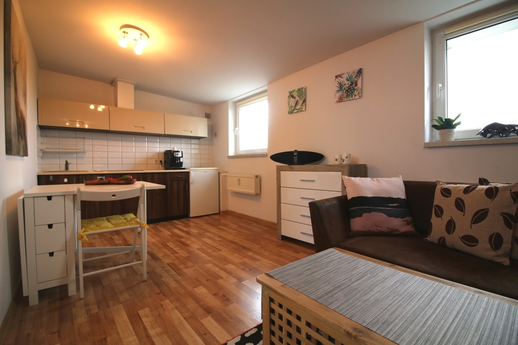 Jasne studio z aneksem kuchennym, drewnianą podłogą, brązową kanapą z dekoracyjnymi poduszkami i stolikiem kawowym z szarą podkładką.