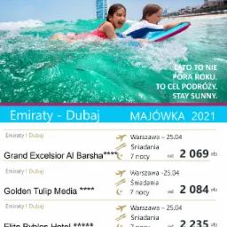 Uśmiechnięte dzieci na desce w turkusowej wodzie, w tle panorama Dubaju i hotel Burj Al Arab, oferta wakacyjna biura podróży Wakacyjny Świat Olkusz.