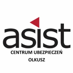 Logo Centrum Ubezpieczeń Asist z Olkusza, czarny napis z czerwonym trójkątem nad literą 'i'.