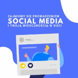 Grafika wektorowa przedstawiająca koncepcję prowadzenia social media i zwiększania widoczności w sieci, z ilustracją profilu użytkownika w ramce, polubieniami i komentarzami na niebieskim tle.