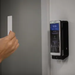 Zbliżenie na dłoń zbliżającą kartę dostępu do smartfona zamontowanego na ścianie, wyświetlającego aplikację kontroli dostępu.