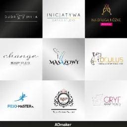 Kompilacja dziewięciu różnych logo firm z różnych branż, w tym studio tańca, salonu kosmetycznego, hodowli kotów bengalskich i apartamentów na wynajem, zaprojektowanych w minimalistycznym stylu.