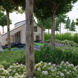 Wizualizacja ogrodu z nowoczesnym domem w tle, widok przez pnie drzew, bogata roślinność z r&oacute;żnokolorowymi kwiatami, w oddali widoczny taras z meblami ogrodowymi.