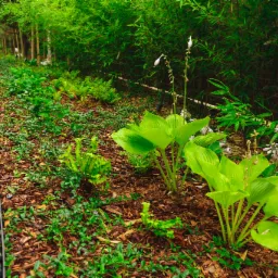 Ogród z kamienną ścieżką, obrzeżem z otoczaków i rabatą z roślinami okrywowymi, paprociami i funkiami na korze.