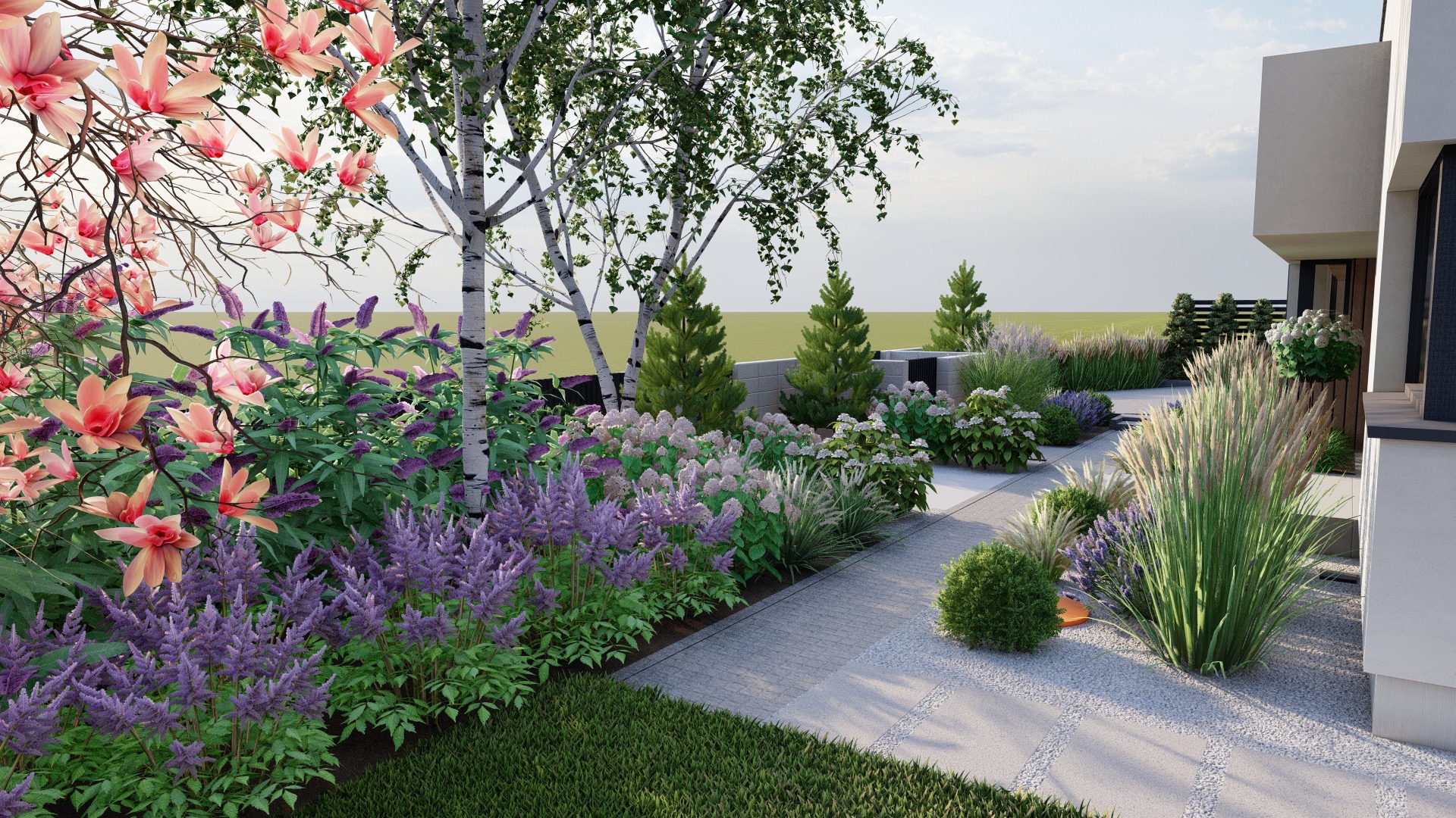 Wizualizacja ogrodu z kwitnącymi magnoliami, brzozami, iglakami i rabatami kwiatowymi w odcieniach fioletu i różu, ścieżka z jasnej kostki prowadzi w głąb ogrodu.