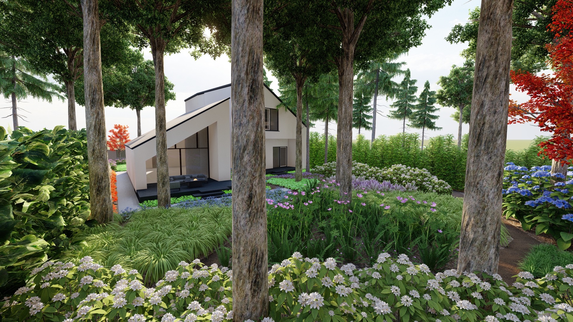 Wizualizacja ogrodu z nowoczesnym domem w tle, widok przez pnie drzew, bogata roślinność z różnokolorowymi kwiatami, w oddali widoczny taras z meblami ogrodowymi.