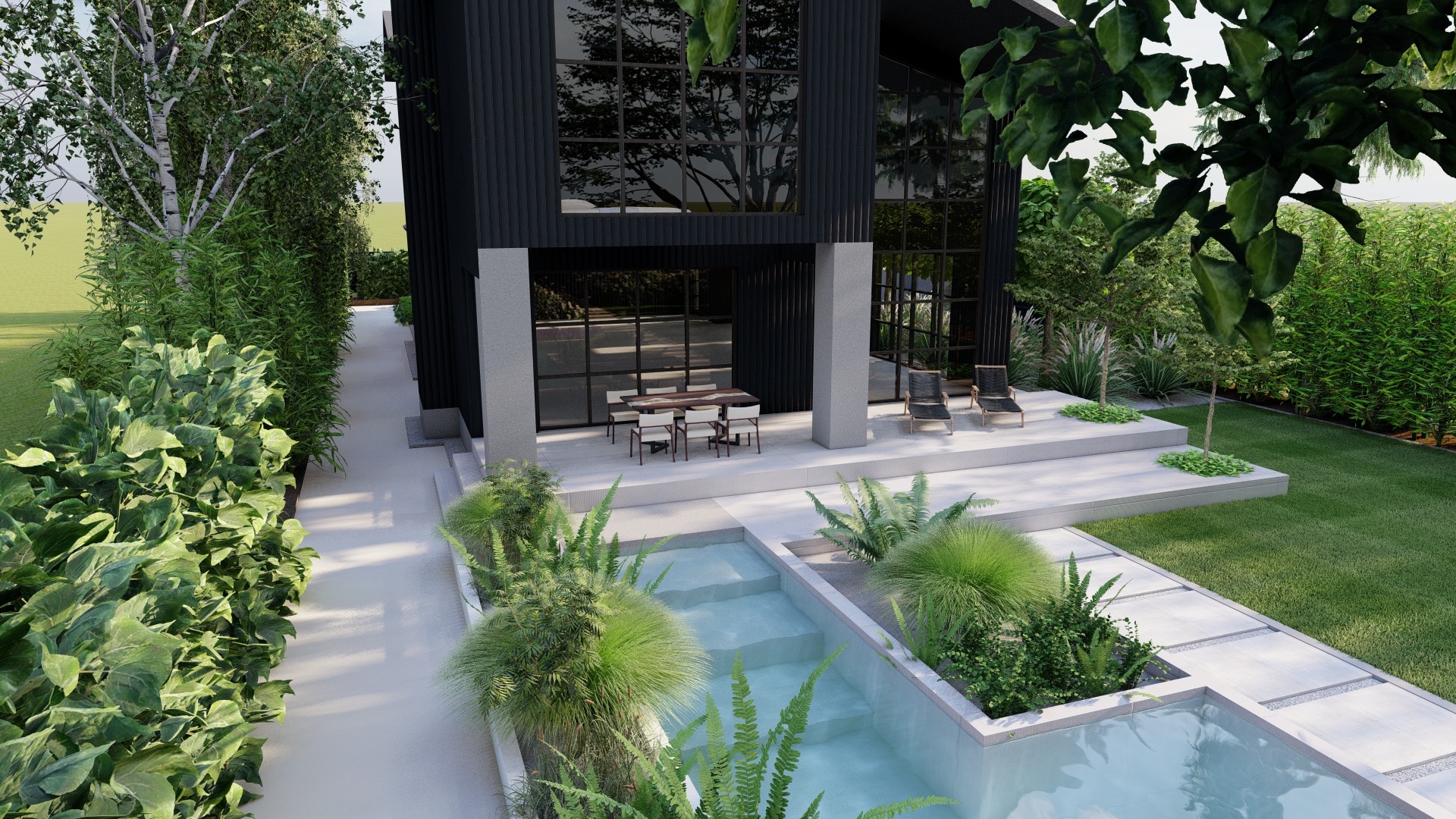 Wizualizacja nowoczesnego domu z czarną fasadą, dużymi oknami i starannie zaprojektowanym ogrodem z basenem o geometrycznym kształcie, roślinnością ozdobną i meblami ogrodowymi.