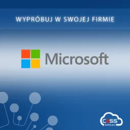 Grafika reklamowa z logo Microsoft i hasłem 'Wypróbuj w swojej firmie' na gradientowym niebieskim tle z elementami graficznymi i logo CASS Software w prawym dolnym rogu.