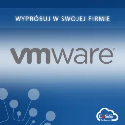 Grafika reklamowa VMware z hasłem 'Wypróbuj w swojej firmie' na gradientowym niebieskim tle, uzupełniona logo CSS Software w prawym dolnym rogu i stylizowanymi połączeniami sieciowymi.