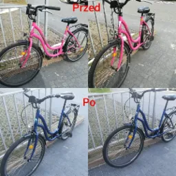 Rower miejski przed i po renowacji: po lewej r&oacute;żowy, z widocznymi śladami użytkowania, po prawej niebieski, odnowiony, z połyskującą farbą, oba stoją na szarym chodniku przy metalowej barierce.