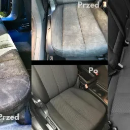 Tapicerka samochodowa z materiału przed i po czyszczeniu, widoczne plamy i zabrudzenia usunięte, porównanie efektu.