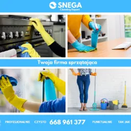 Kompozycja zdjęć przedstawiająca sprzątanie piekarnika, biurka i okna, uzupełniona o zdjęcie osoby z mopem i wiadrem, z logo firmy sprzątającej w górnej części i hasłami reklamowymi oraz numerem...