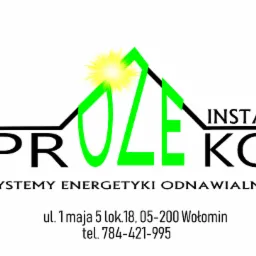 Logo firmy Proleko Instal, specjalizującej się w systemach energetyki odnawialnej, z adresem i numerem telefonu.