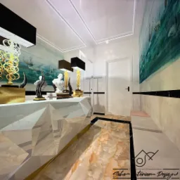 Wizualizacja wnętrza: biała konsola o fasetowanej strukturze, dekoracje w kolorze złota i czerni, obraz z motywem wodnym na ścianie, marmurowa podłoga.