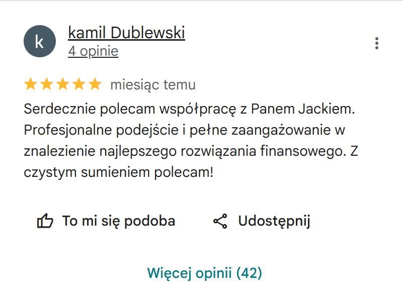 Pozytywna opinia klienta: Pięć gwiazdek i rekomendacja współpracy z Panem Jackiem za profesjonalizm i zaangażowanie w znalezienie rozwiązania finansowego.