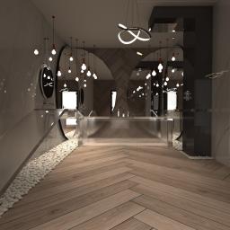 investbuild.pl - Wizualizacja nowoczesnej łazienki w Krakowie z drewnianą podłogą ułożoną w jodełkę, owalnymi lustrami z dekoracyjnym oświetleniem i ścianami wykończonymi marmurem, akcentowana białymi kamieniami...