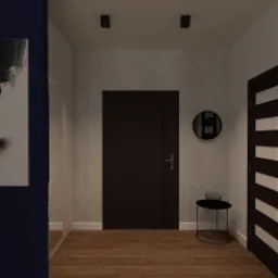 Wizualizacja przedpokoju z drewnianą podłogą, ciemnymi drzwiami wejściowymi z poziomymi przeszkleniami, abstrakcyjnym czarno-białym portretem na ścianie w kolorze granatowym oraz okrągłym lustrem...