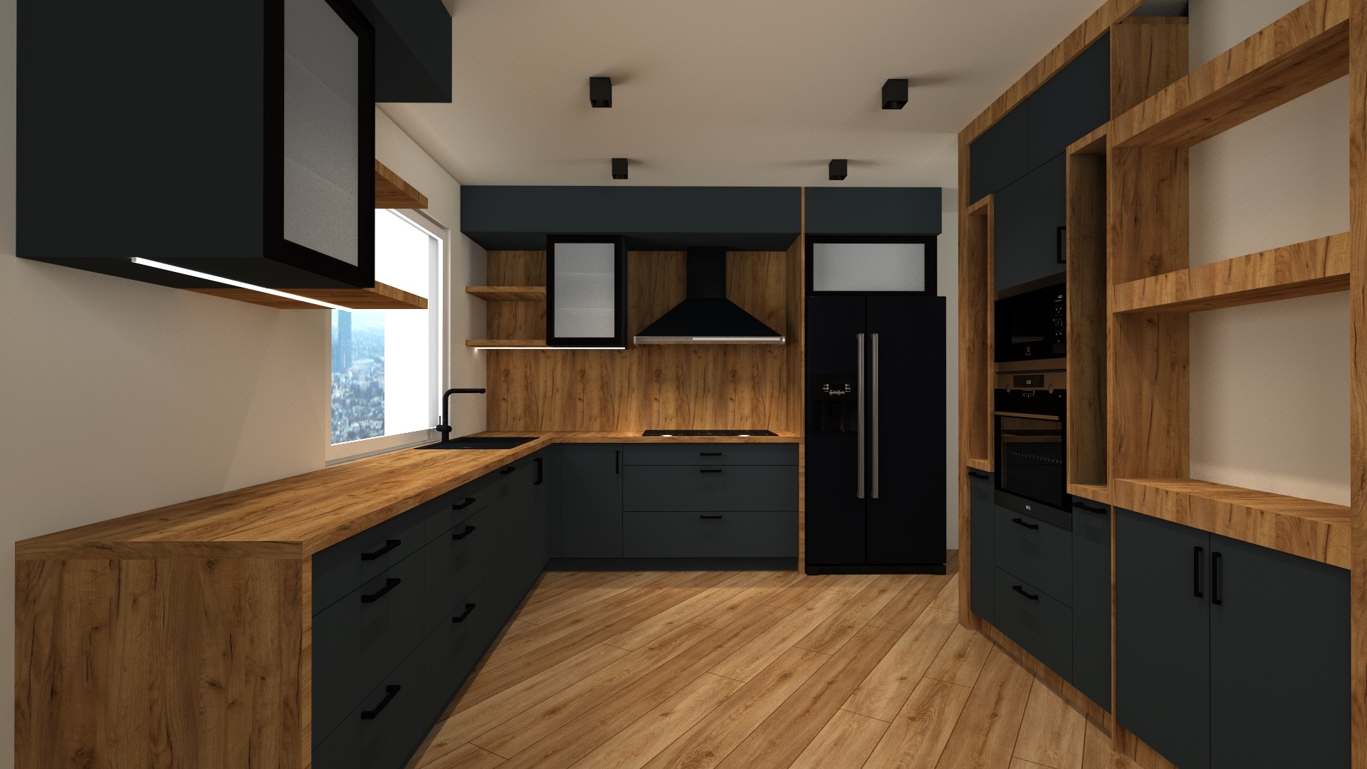 Wizualizacja kuchni w stylu nowoczesnym: czarne szafki z drewnianymi blatami i wykończeniami, czarny sprzęt AGD, drewniana podłoga ułożona w jodełkę, oświetlenie punktowe.