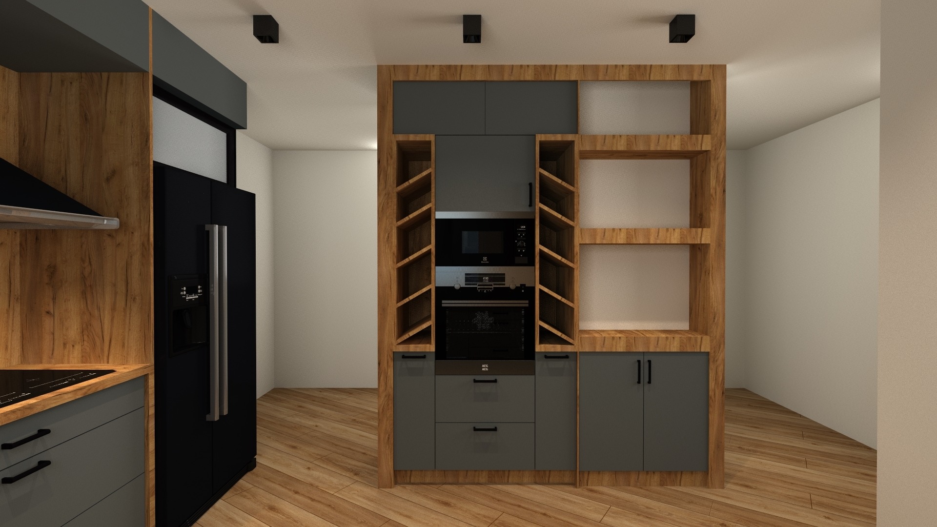 Wizualizacja kuchni z drewnianymi akcentami, szarymi szafkami i czarnym sprzętem AGD, w tym lodówką side-by-side.