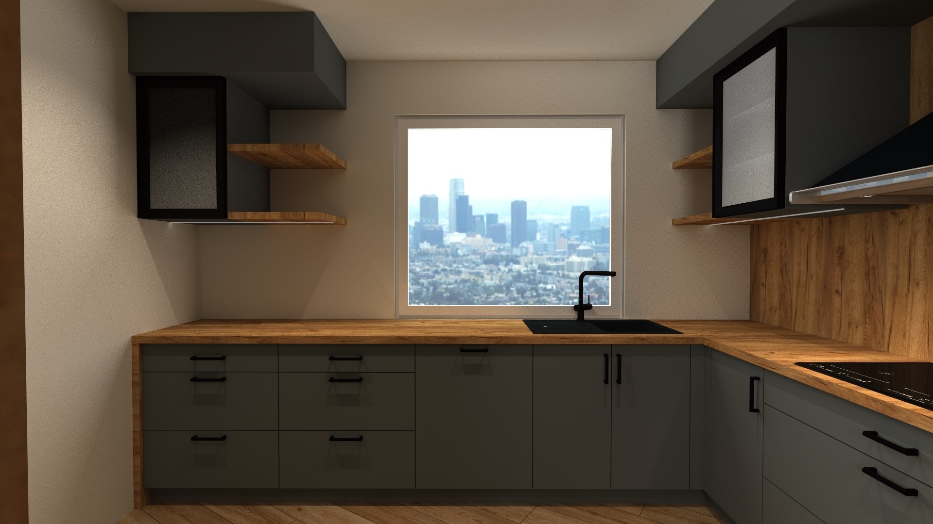Nowoczesna kuchnia w odcieniach szarości i drewna z blatem imitującym naturalne drewno, czarną armaturą i widokiem na panoramę miasta w tle.