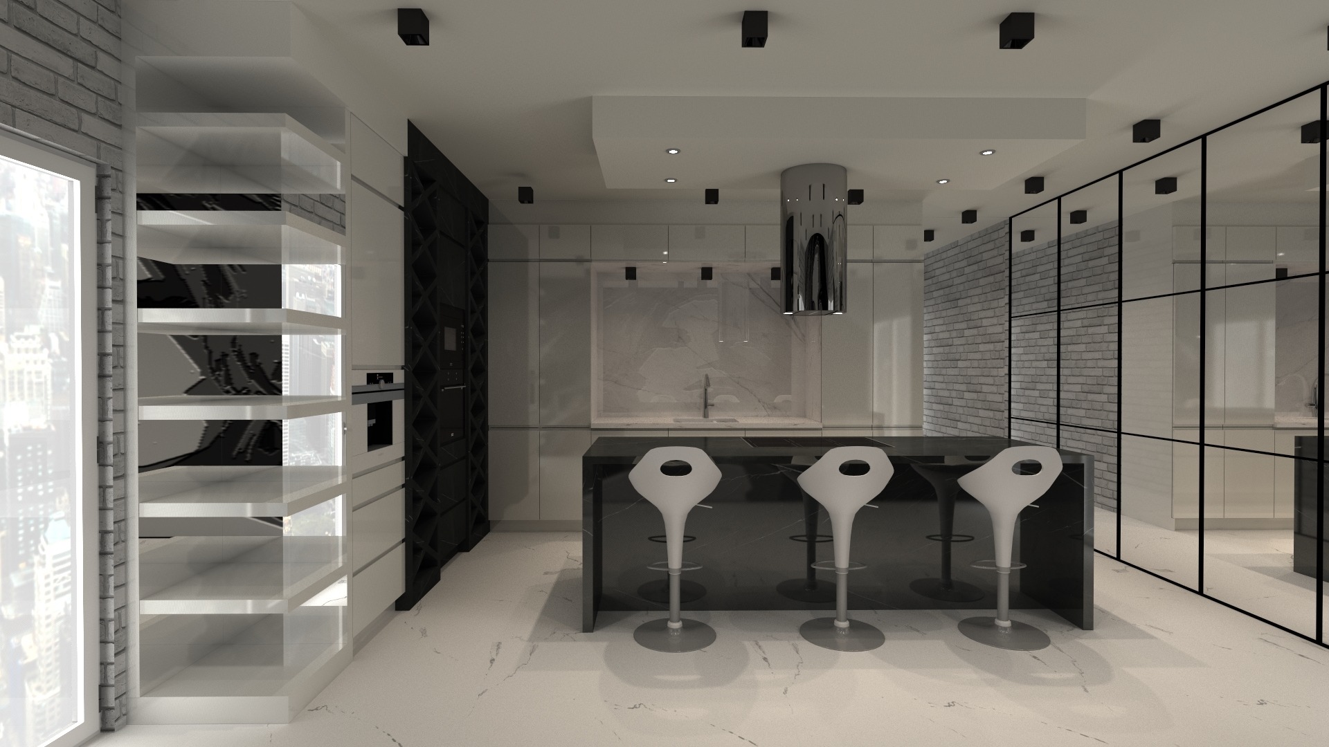 Wizualizacja nowoczesnej kuchni z wyspą z czarnego marmuru, trzema białymi hokerami, szklaną ścianą działową z czarnymi ramami i białymi szafkami na tle ściany z szarej cegły.