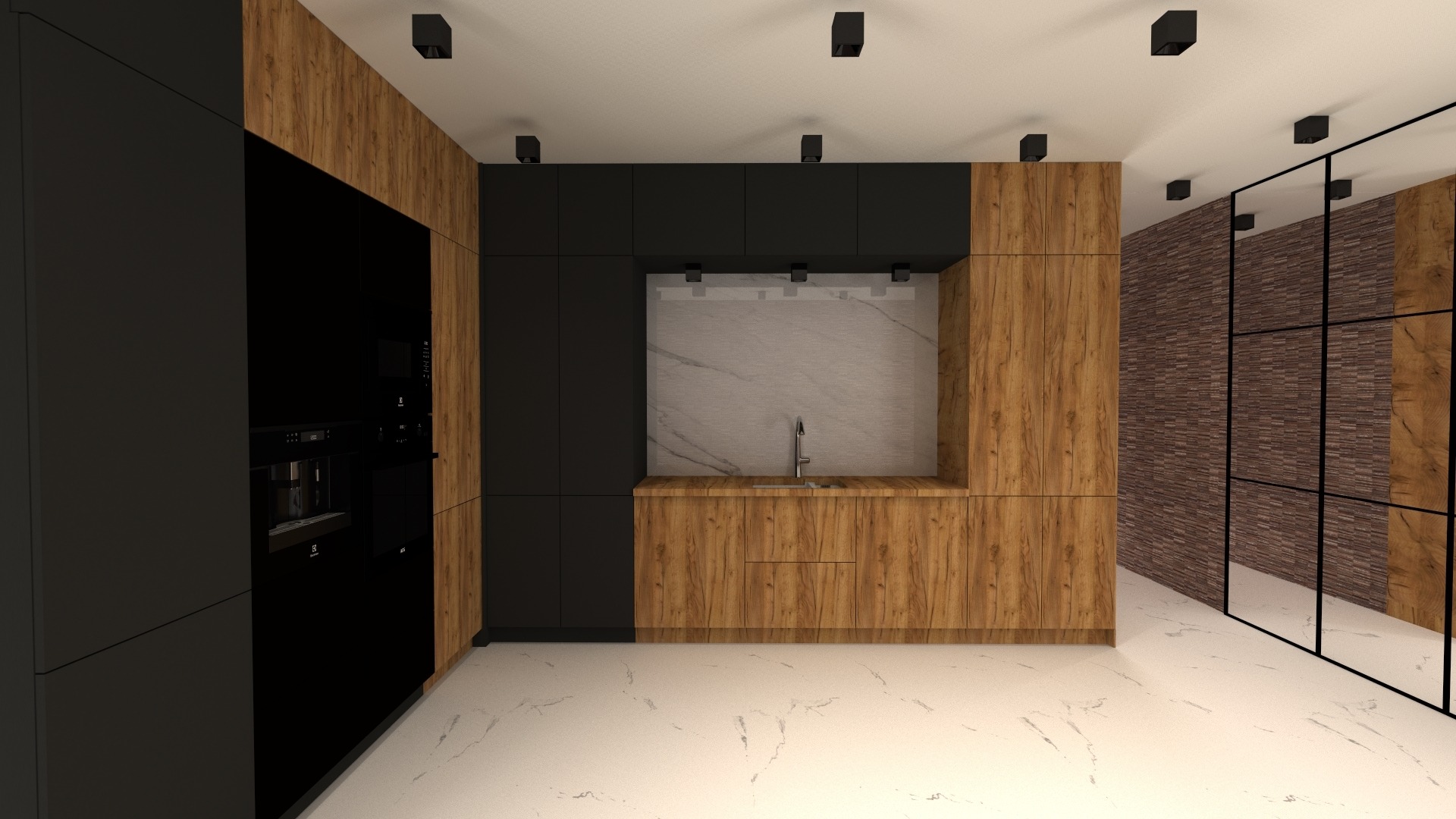 Wizualizacja nowoczesnej kuchni z drewnianymi frontami szafek, czarnymi elementami i marmurowym blatem, oświetlona punktowymi lampami sufitowymi i z podłogą imitującą marmur.