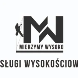 Logo firmy świadczącej usługi na wysokościach, z sylwetką pracownika na linie i napisem 'Mierzymy wysoko' oraz 'Usługi wysokościowe'.
