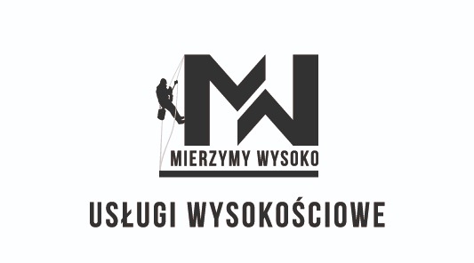 Logo firmy świadczącej usługi na wysokościach, z sylwetką pracownika na linie i napisem 'Mierzymy wysoko' oraz 'Usługi wysokościowe'.