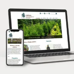 Laptop i smartfon wyświetlają identyczną stronę internetową szkółki roślin ozdobnych z Kalisza, prezentującą ofertę roślin iglastych.