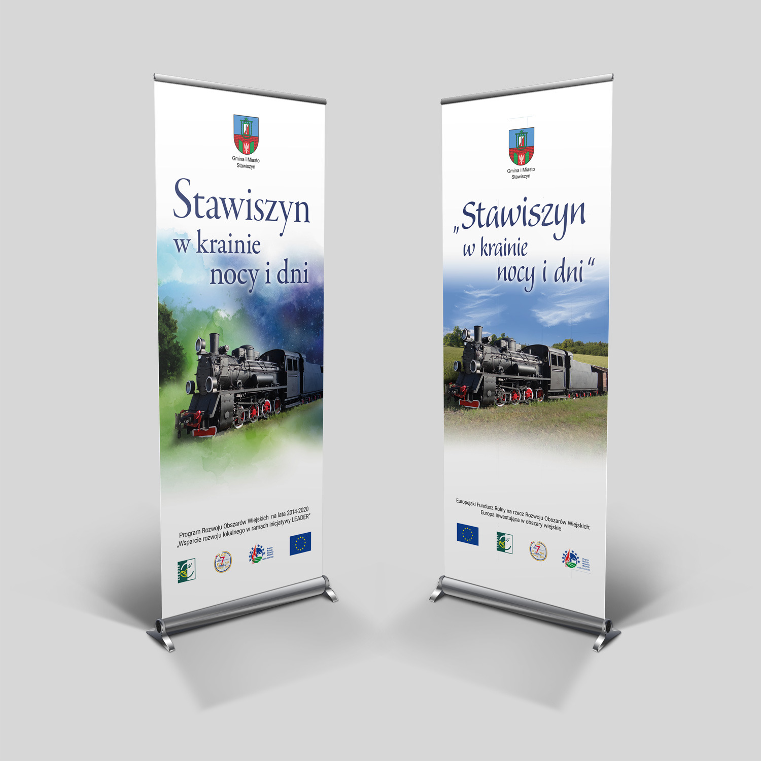 Dwa roll-upy reklamowe z grafiką promującą gminę Stawiszyn: jeden z tłem nocnym i gwiazdami, drugi z tłem dziennym i zielonymi polami, oba z wizerunkiem lokomotywy.