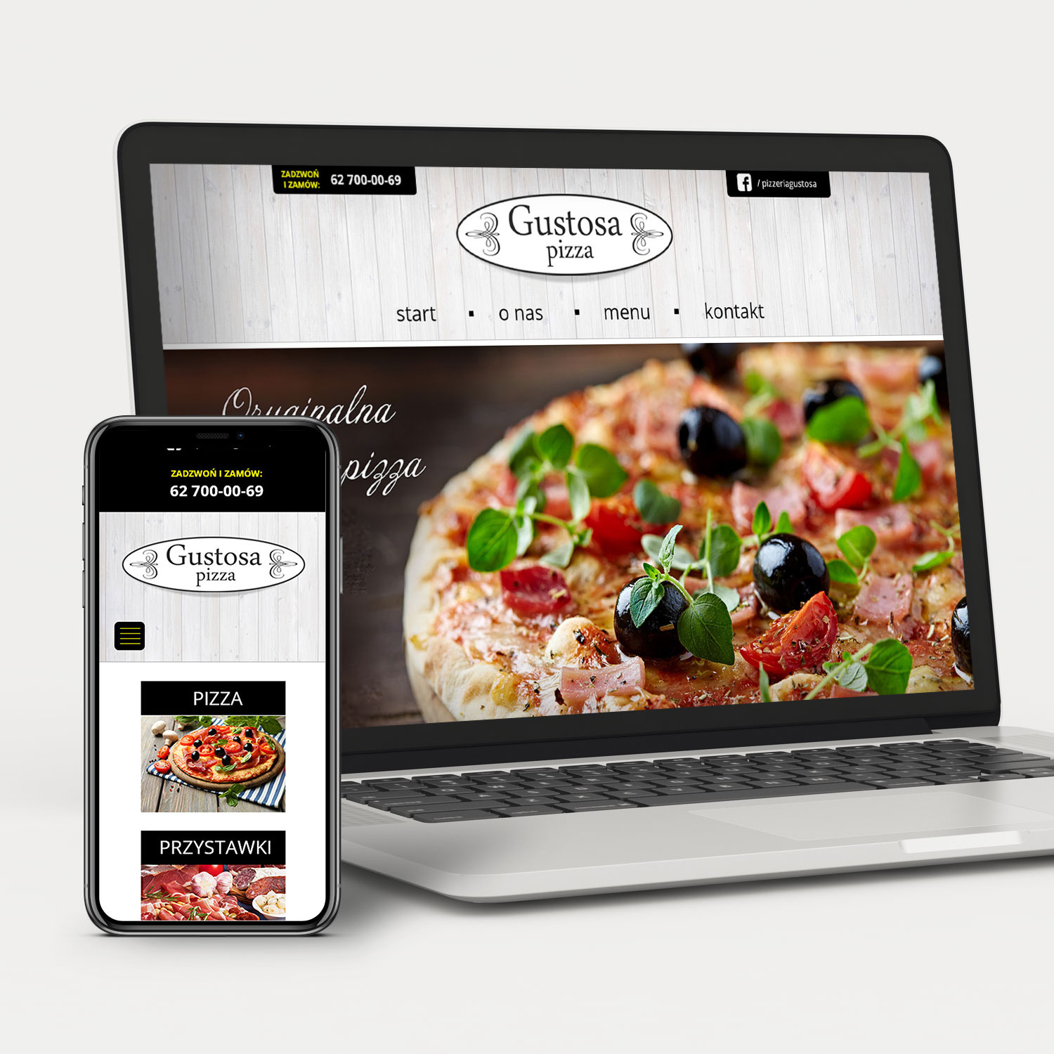 Laptop i smartfon prezentujące responsywną stronę internetową pizzerii Gustosa z menu i danymi kontaktowymi.
