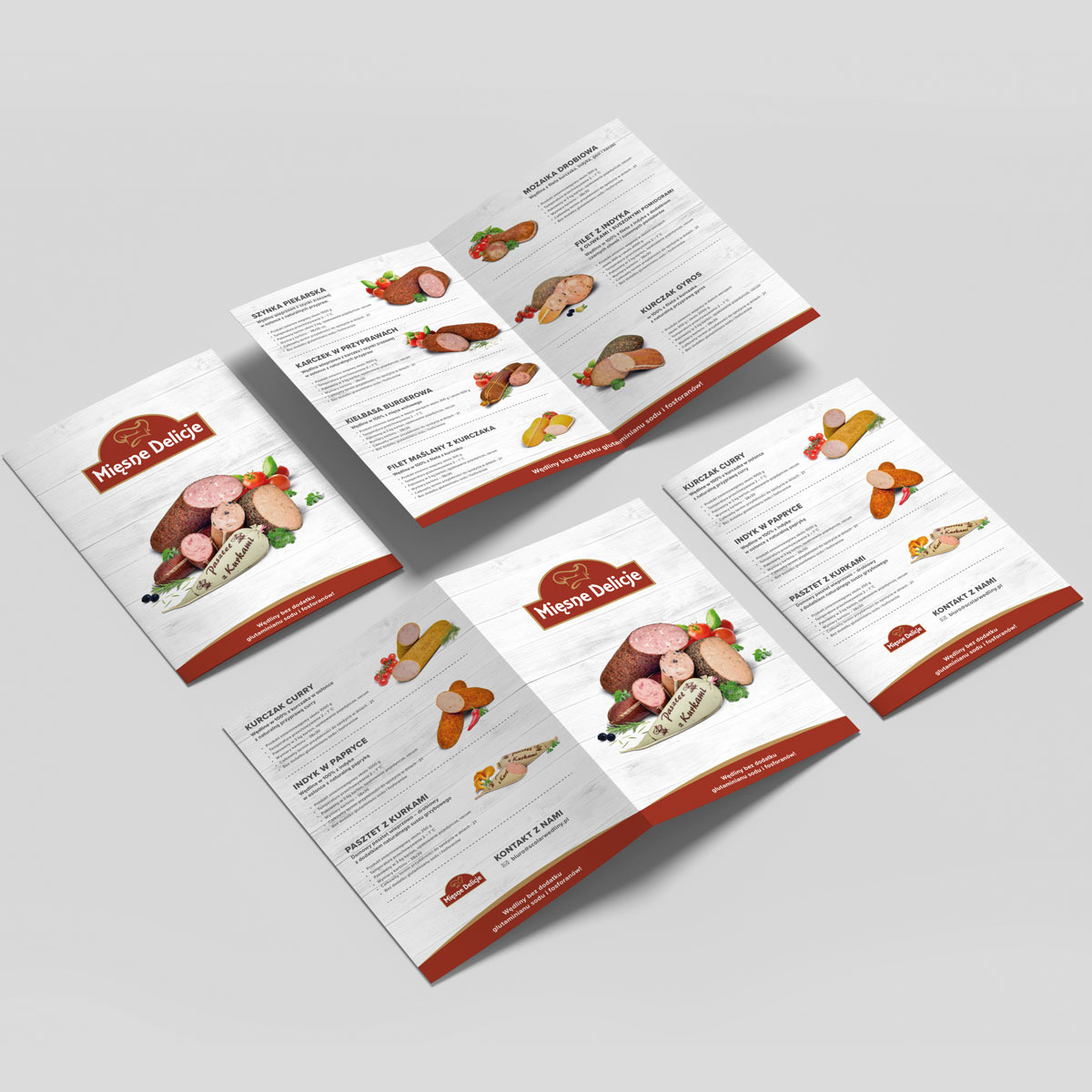 Rozłożona trójdzielna ulotka reklamowa z grafiką i opisami wędlin 'Mięsne Delicje', prezentująca różne rodzaje wędlin z informacjami o produktach i danymi kontaktowymi na jasnym tle.