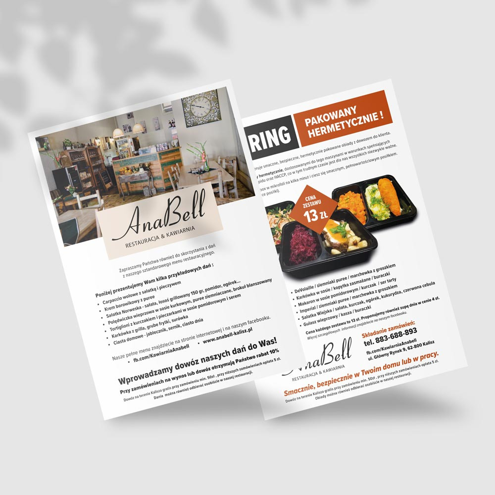 Ulotka reklamowa restauracji AnaBell z Kalisza, prezentująca ofertę dań na wynos, w tym pakowane hermetycznie zestawy obiadowe w cenie 13 zł, z listą przykładowych dań i danymi kontaktowymi.