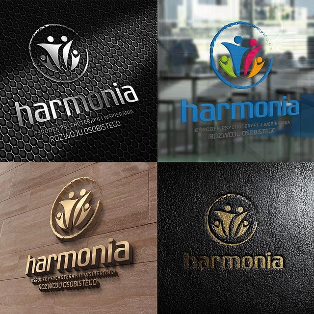 Cztery warianty logo 'harmonia' dla ośrodka psychoterapii i wspierania rozwoju osobistego, zaprezentowane na różnych tłach: czarna siatka, szkło biurowe, drewniana ściana i czarna skóra.