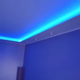 Niebieskie oświetlenie LED zamontowane w suficie podwieszanym, z widocznymi punktowymi lampami halogenowymi, ściany pomalowane na dwa odcienie niebieskiego.