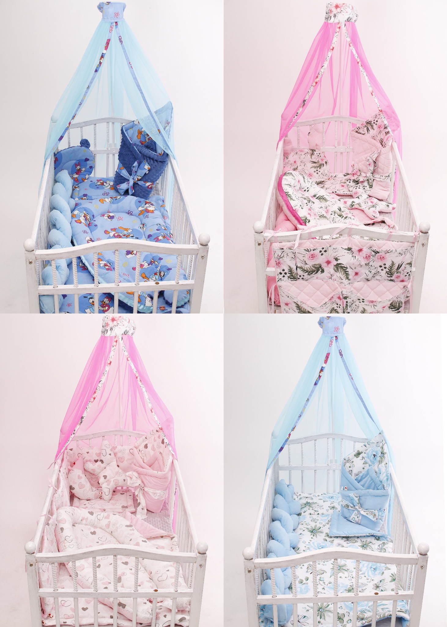 Kolaż przedstawiający cztery białe łóżeczka dziecięce z różnymi kompletami pościeli: niebieską z motywem bajkowym, różową w kwiaty, różową w serca i niebieską w kwiaty, każde z baldachimem...