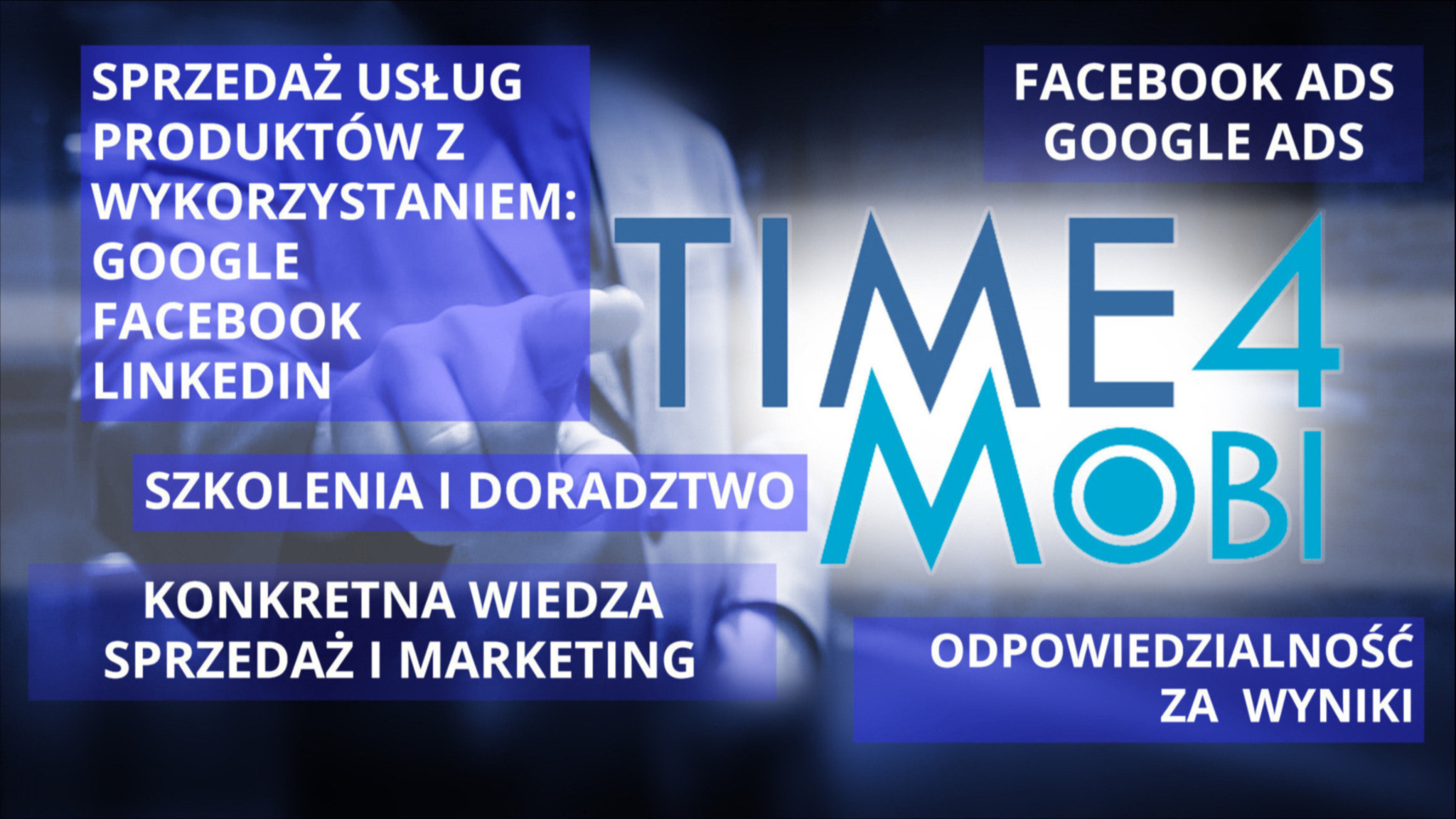 Grafika reklamowa z hasłami o sprzedaży usług i produktów z wykorzystaniem Google, Facebook i LinkedIn, z logotypem Time4Mobi, akcentująca szkolenia, doradztwo i odpowiedzialność za wyniki.