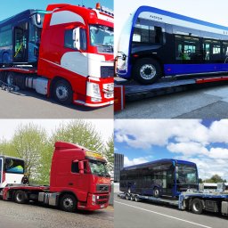 LEMBUS - Wynajem busów i autokarów, przewóz towarów oraz transport niskopodwoziowy - Cztery ujęcia ciężarówek transportujących autobusy miejskie na niskopodwoziowych lawetach, w tym elektryczne modele Alstom Aptis i inne, z różnymi oznaczeniami firm przewozowych i kolorystyką...