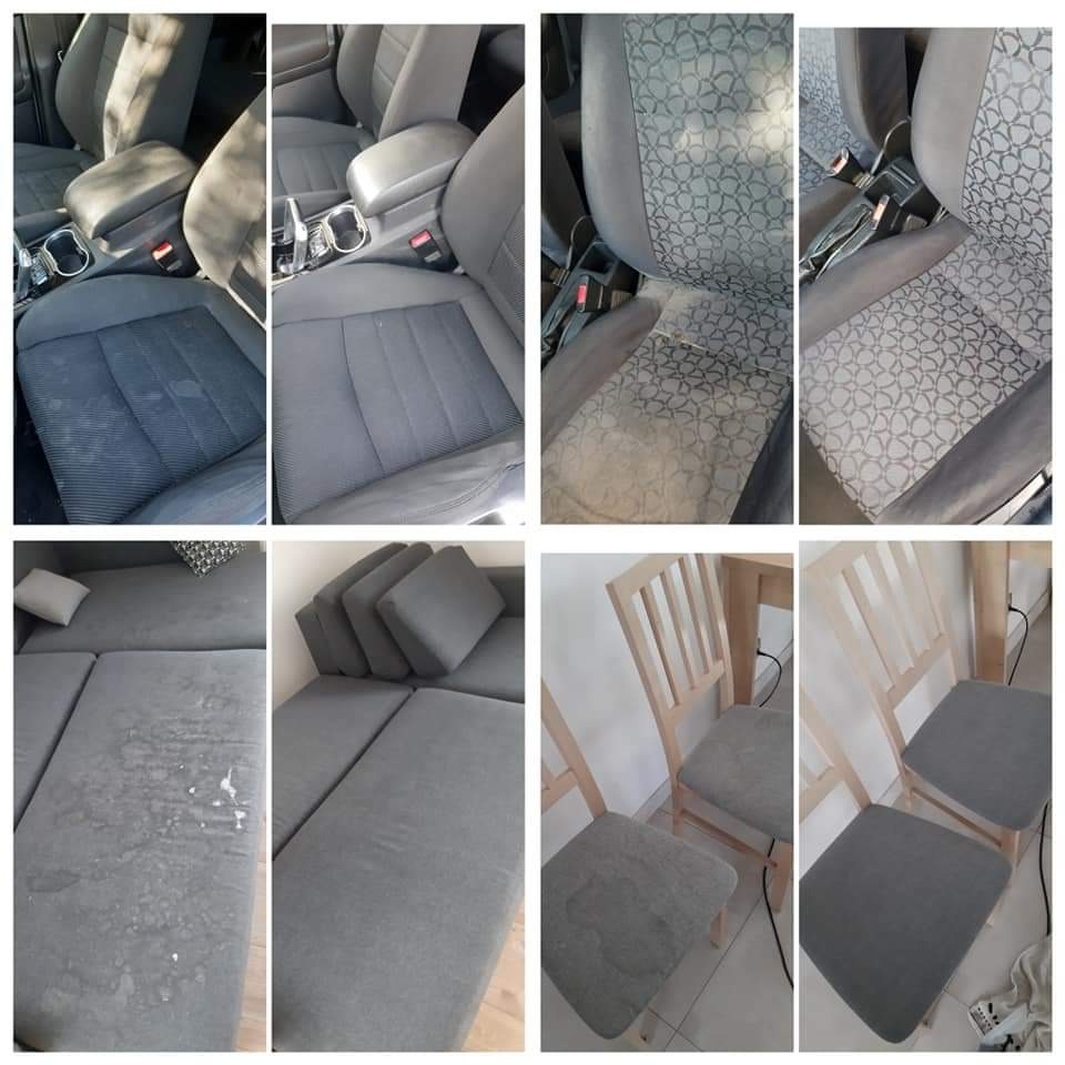 Kolaż zdjęć prezentujący efekty czyszczenia tapicerki samochodowej, sofy modułowej z szarymi poduszkami i krzeseł z szarymi siedziskami: widoczne plamy przed i czysta powierzchnia po zabiegu.