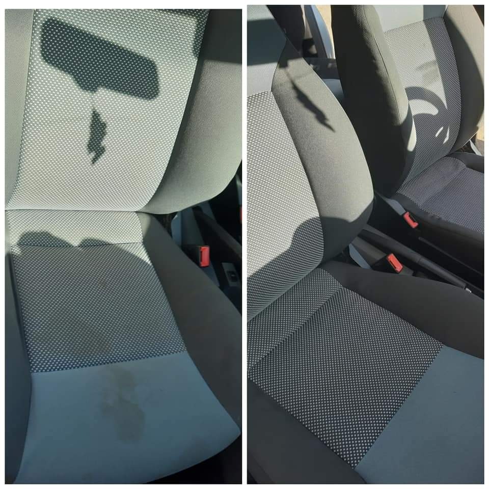 Porównanie: Fotel samochodowy z plamami przed czyszczeniem i ten sam fotel po wypraniu, ukazujący znaczną poprawę czystości tapicerki.