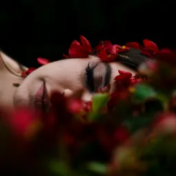 Portret kobiety z zamkniętymi oczami, otoczonej czerwonymi kwiatami i zielonymi liśćmi, z ciemnym tłem, subtelny makijaż, delikatne oświetlenie.